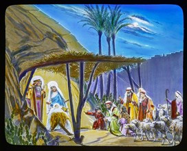 The shepherds visit Jesus in the stable with mary and joseph.