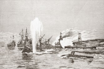 Sea battle between battleships and torpedo boats.