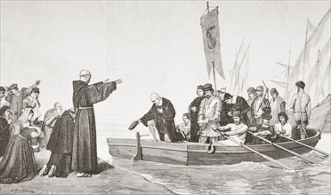 A priest blesses Christopher Columbus and his crew before their departure on the first voyage to discover America.