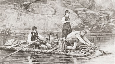 A family trout fishing in Sweden using a wooden raft.