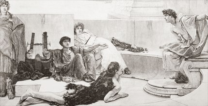 Scholars in ancient Greece listening to a lecture by Homer. Homer.