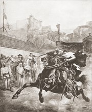 Pedro II of Aragon arriving for a proposed duel with Charles of Anjou.