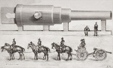 A 52 foot Krupp cannon shown in comparison with a German field piece.
