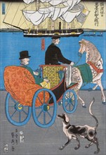 A tourist takes a horse and cart ride around the harbour of Yokohoma.