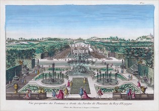 Vue perspective des Fontaines droite du Jardin de Plaisance du Roy d'Espagne.