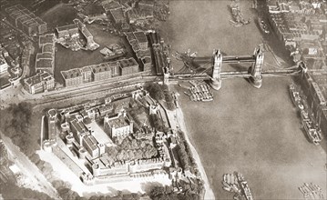 Aerial view of the River Thames and Tower Bridge.