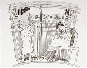 Penelope at her loom with Telemachus.