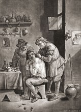 A surgeon performs surgery on a man's shoulder in the 18th century.
