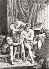 A surgeon operates on the arm of a patient in the 17th century.