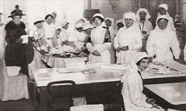 Women volunteers making bandages and crutches during WWI.