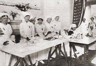 Rooms in Mayfair mansions turned into workrooms for the manufacture of hospital requisites during WWI.