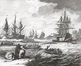 Whale hunting in the Arctic in the early 18th century.