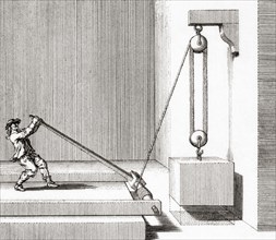 Man operating a pulley with a lever and fulcrum.