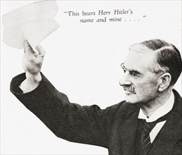 Neville Chamberlain holds the paper signed by both Hitler and himself on his return from Munich to Heston Aerodrome.