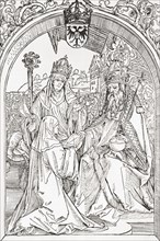 Hrotsvit of Gandersheim presents an aged emperor Otto the Great with her Gesta Oddonis.