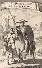 Don Quixote de la Mancha by Miguel de Cervantes showing Don Quixote on horseback followed by his servant Sancho Panza riding a donkey.