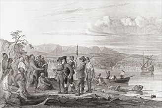 In 1609, Henry Hudson offers liquor to the Indians on the North River, now known as the Hudson River.