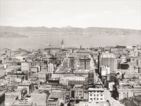 Bird's eye view of San Francisco and the Bay from the Fairmont Hotel.