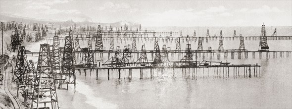Oil wells drilled into the bed of the Pacific ocean at Summerland.