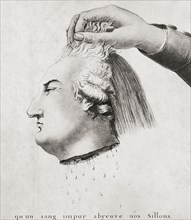 The French Revolution showing a hand holding the decapitated head of Louis XVI.