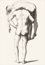 Back view of one male figure carrying another across his shoulders.