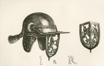 Casque of King James II with cheek pieces and perforated steel visor representing the Royal Arms.