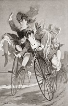 Two 19th century ladies have an accident on their bicycles.