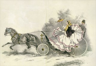 Lady wearing a crinoline and driving a 19th century horse and landau.