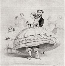 19th century lady arriving at a ball wearing a crinoline.