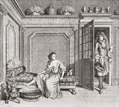 An 18th century lady taking a footbath is interrupted by a suitor.