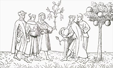 Friar Oderic of Pordenone holding a branch from a tree on which birds grow.