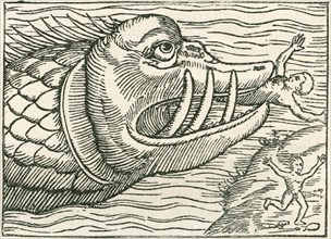 Man being eaten by a sea serpent.