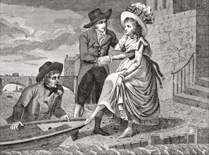 A young man helps a pretty young woman into a wherry which will cross the Thames river in London.