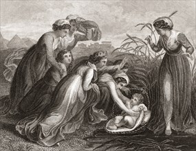 The infant Moses is found in the bulrushes on the river bank by the Pharaoh's daughter.