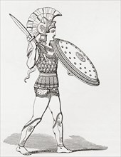 Helmeted Greek Warrior Wearing Greaves And Armour Holding A Clipeus Shield And Sword.