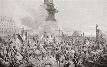 The angry Paris mob burning the royal throne at the July Column during the Paris Revolution of 1848.