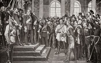 The proclamation of William I as German Emperor in the Hall of Mirrors at Versailles.