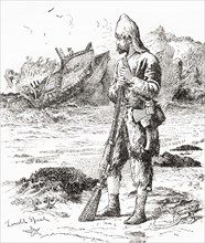 Robinson Crusoe on the desert island after being shipwrecked.