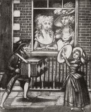 Two prostitutes look out of the window of an 18th century English brothel.