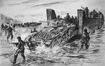 A naval landing barge shipping a Valentine Tank covered by sailors in battle dress.