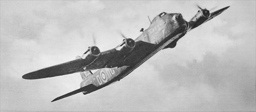 The Short Stirling four engined heavy bomber in full flight.