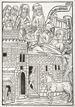 Facsimile of the fifth page from the first woodcut edition of ""Ars Moriendi""