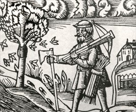 Peasant with axe, bow and arrows, 16th century, Woodcut of unknown artist