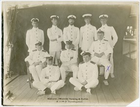 Group photograph of Officers from the Marine Survey of India on the RIMS Investigator, including George Ellis Wood.