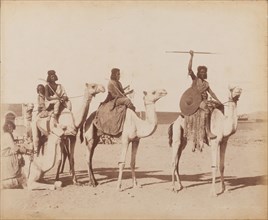 Group of Bicharin men riding camels