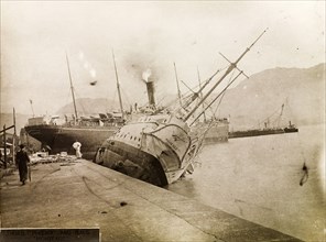 British naval ships stricken by a typhoon