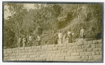 Plantation workers on embankment