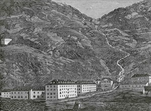 Spain, Aragon, Huesca province. Panticosa Baths. Panoramic view of the thermal complex. Engraving