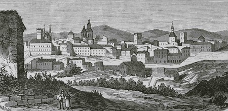 Spain, Aragon, Teruel. View of the city. Illustration by Fernando Miranda. Engraving by Sierra.