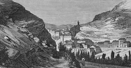 Spain, Aragon, Teruel province, Albarracin. General view of the village. Engraving by Sierra.